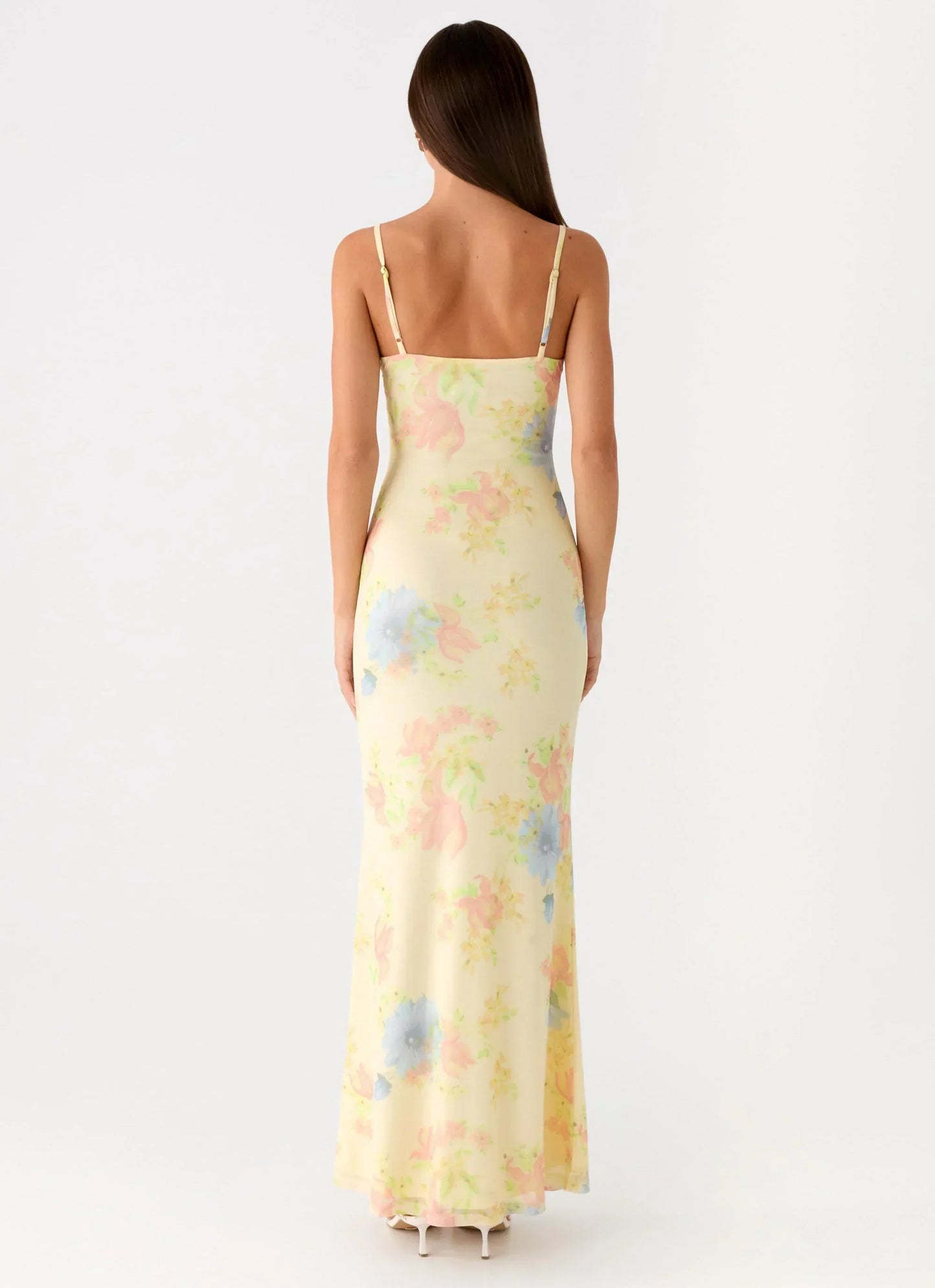Pale Yellow Floral Print Spaghetti Strap Lace Trim V Neck Floor Length Formal Evening Prom Dress