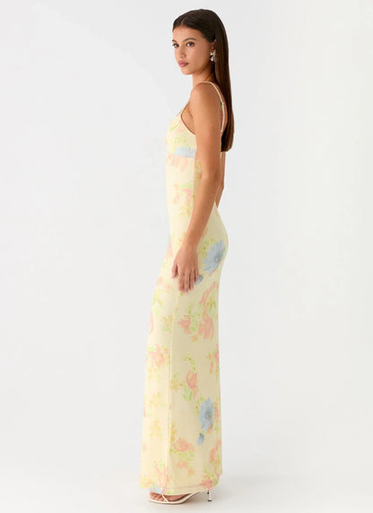 Pale Yellow Floral Print Spaghetti Strap Lace Trim V Neck Floor Length Formal Evening Prom Dress