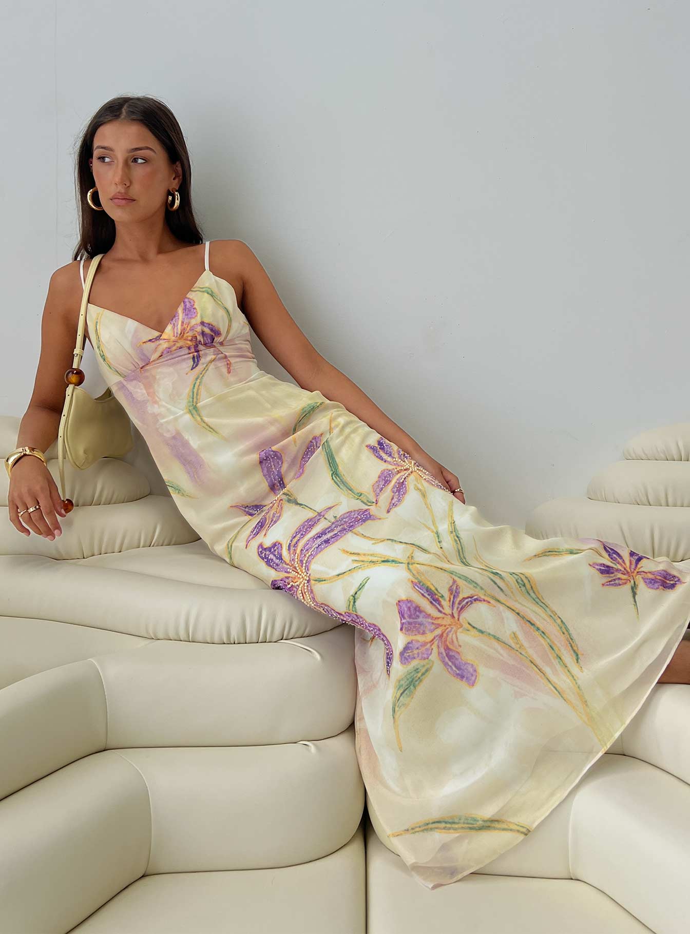Pale Yellow Floral Print Spaghetti Strap V Neck Backless Chiffon Floor Length Formal Evening Prom Dress