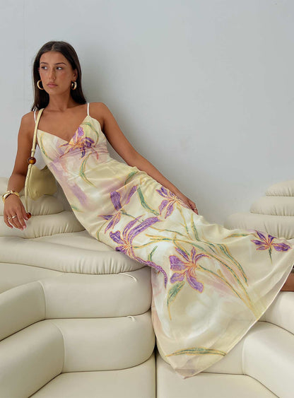 Pale Yellow Floral Print Spaghetti Strap V Neck Backless Chiffon Floor Length Formal Evening Prom Dress