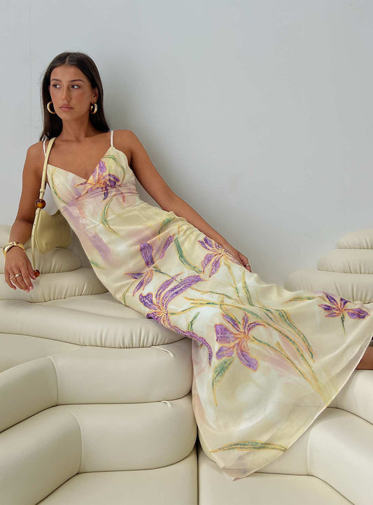 Pale Yellow Floral Print Spaghetti Strap V Neck Backless Chiffon Floor Length Formal Evening Prom Dress