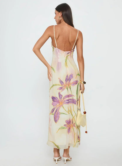 Pale Yellow Floral Print Spaghetti Strap V Neck Backless Chiffon Floor Length Formal Evening Prom Dress