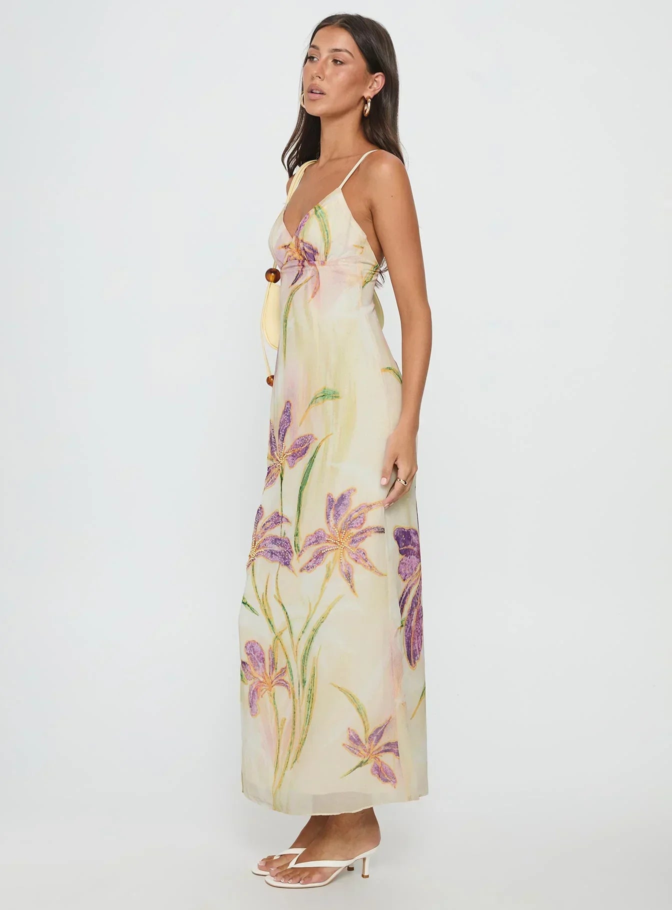 Pale Yellow Floral Print Spaghetti Strap V Neck Backless Chiffon Floor Length Formal Evening Prom Dress