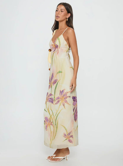 Pale Yellow Floral Print Spaghetti Strap V Neck Backless Chiffon Floor Length Formal Evening Prom Dress
