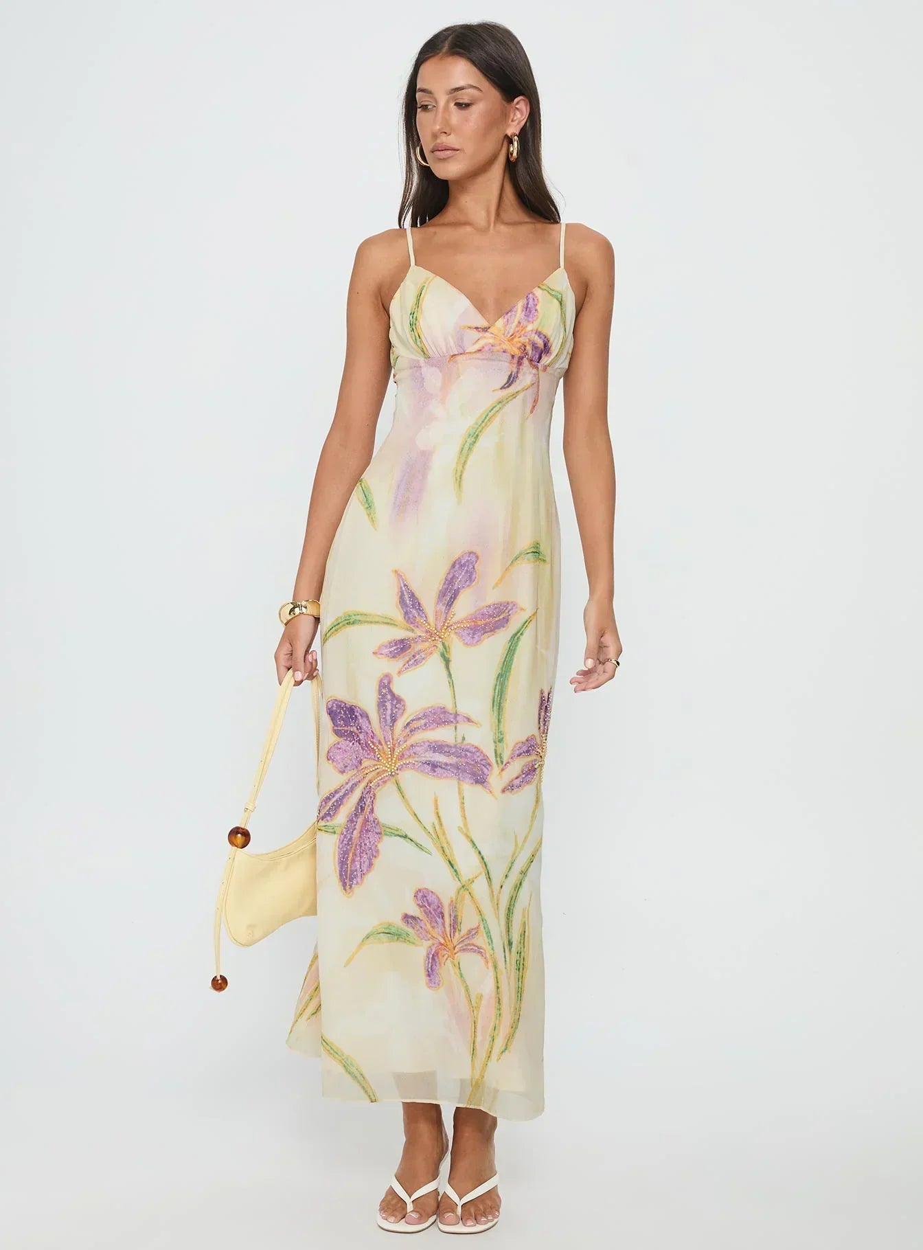 Pale Yellow Floral Print Spaghetti Strap V Neck Backless Chiffon Floor Length Formal Evening Prom Dress