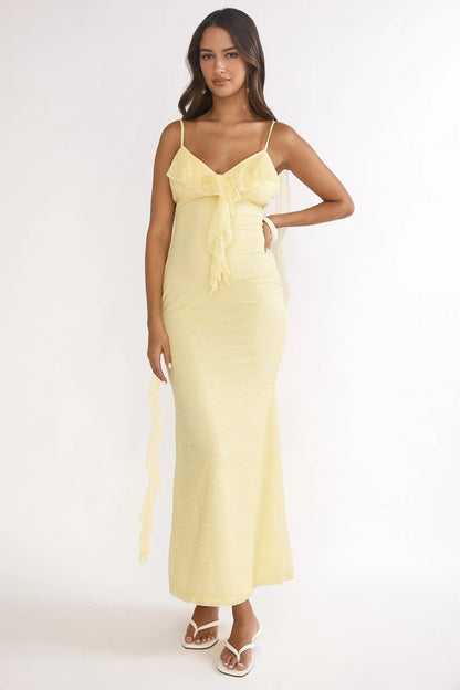 Pale Yellow Lace Spaghetti Strap Ruffled Mermaid Floor Length Formal Evening Prom Dress