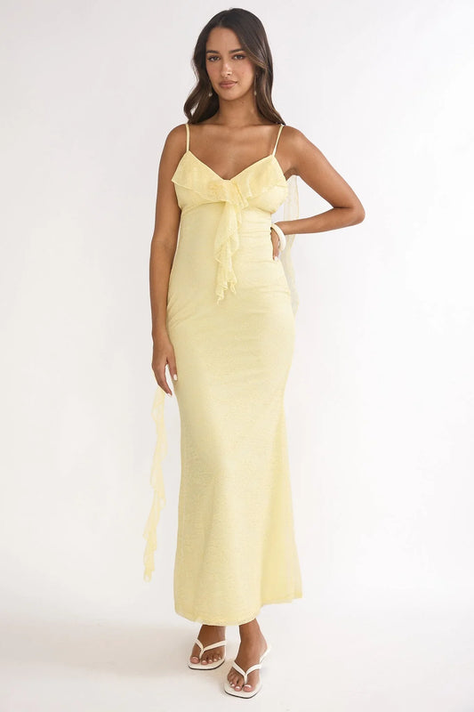 Pale Yellow Lace Spaghetti Strap Ruffled Mermaid Floor Length Formal Evening Prom Dress