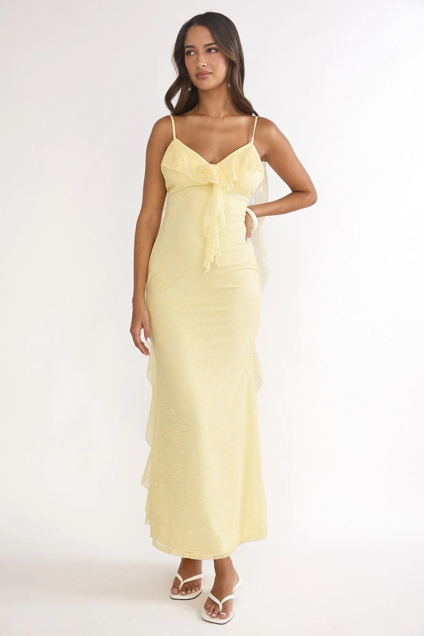 Pale Yellow Lace Spaghetti Strap Ruffled Mermaid Floor Length Formal Evening Prom Dress