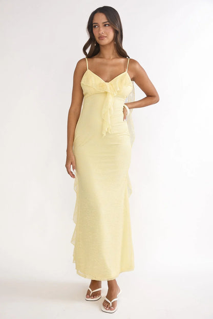 Pale Yellow Lace Spaghetti Strap Ruffled Mermaid Floor Length Formal Evening Prom Dress
