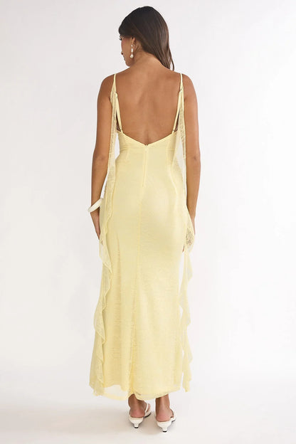 Pale Yellow Lace Spaghetti Strap Ruffled Mermaid Floor Length Formal Evening Prom Dress