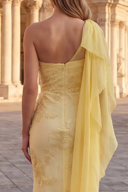 Pale Yellow One-Shoulder Draped Sleeve Embroidered Mermaid Prom Dress with Train