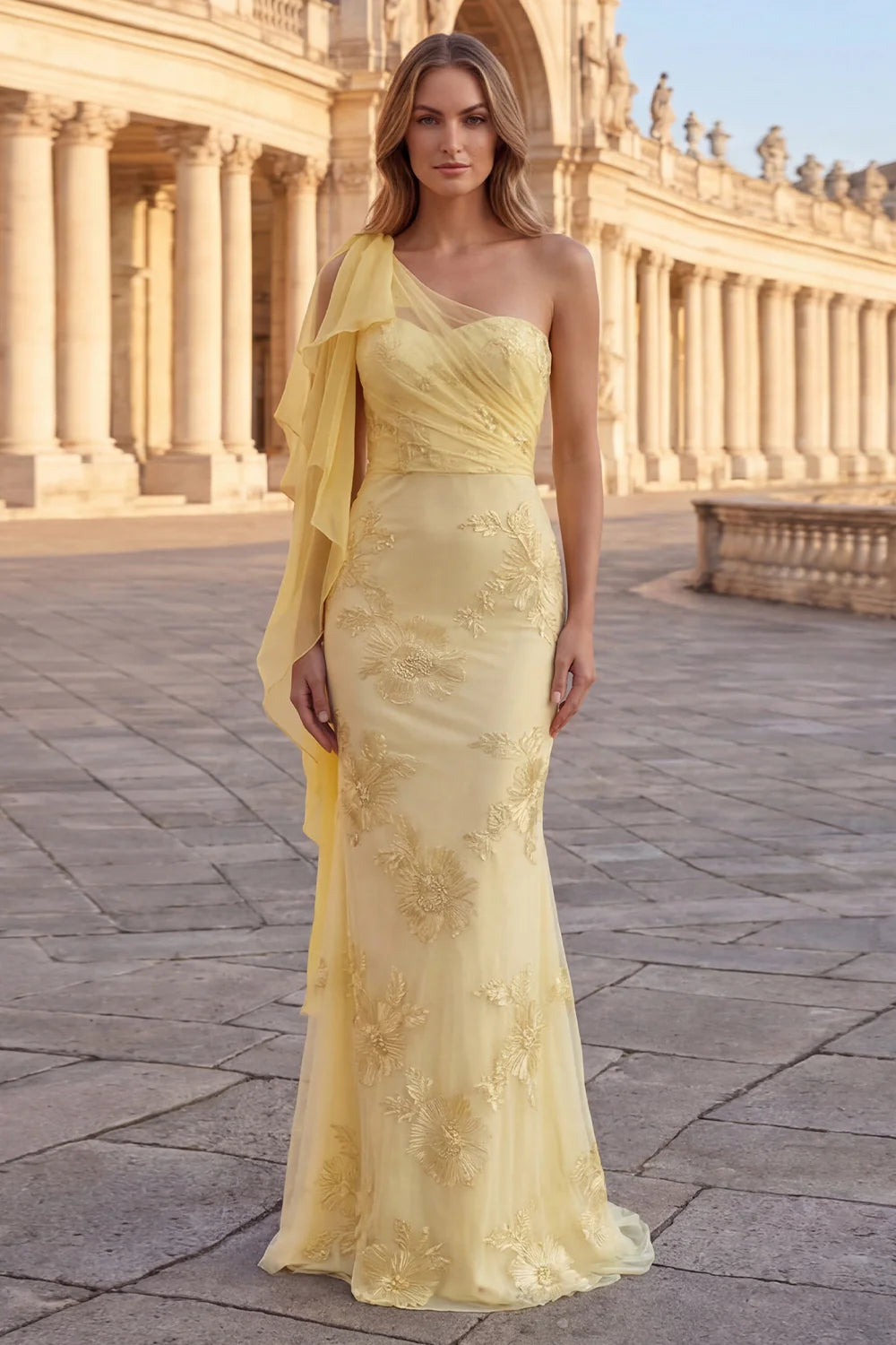 Pale Yellow One-Shoulder Draped Sleeve Embroidered Mermaid Prom Dress with Train