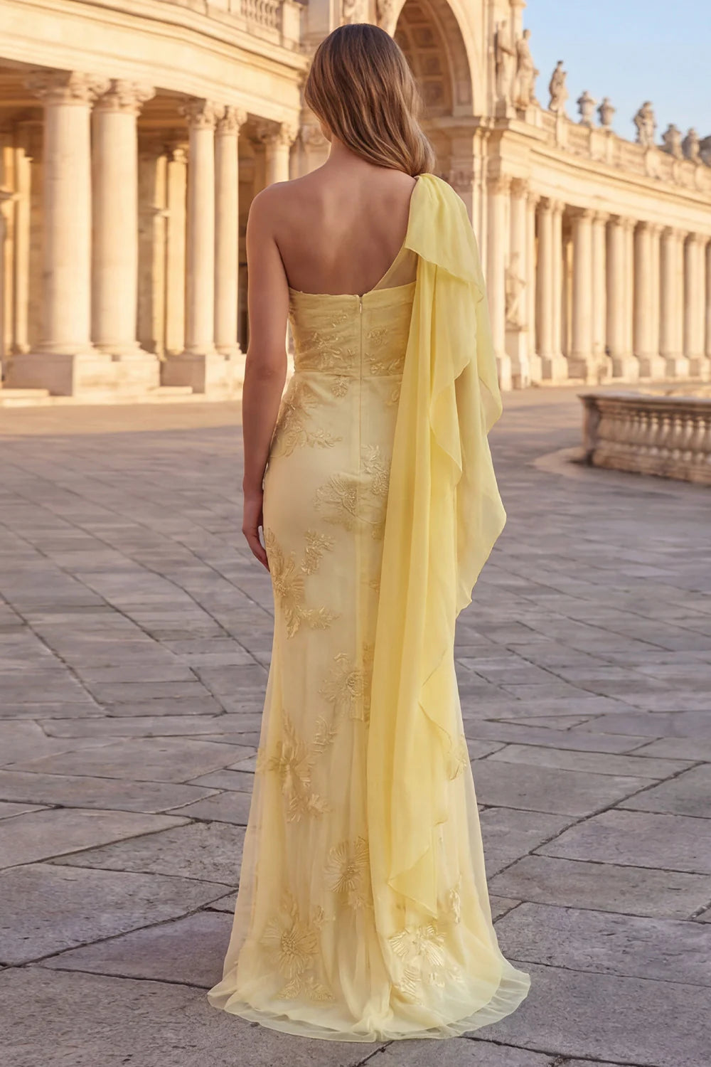 Pale Yellow One-Shoulder Draped Sleeve Embroidered Mermaid Prom Dress with Train