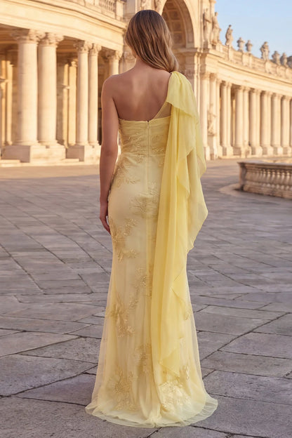 Pale Yellow One-Shoulder Draped Sleeve Embroidered Mermaid Prom Dress with Train