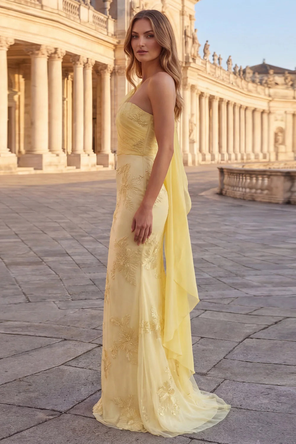 Pale Yellow One-Shoulder Draped Sleeve Embroidered Mermaid Prom Dress with Train