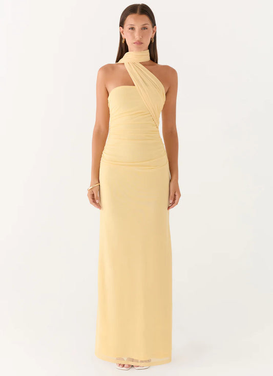 Pale Yellow Ruched Halter Neck Prom Dress One Shoulder Maxi Gown with Draped Detail