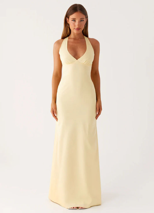 Pale Yellow Satin Halter Neck Prom Dress Cross Back Maxi Gown with Ruched Bust