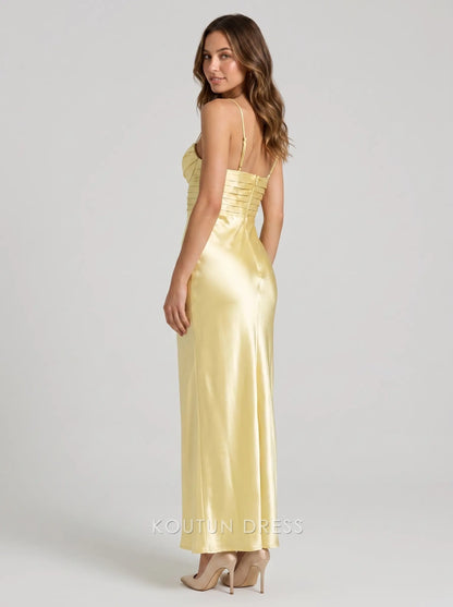 Pale Yellow Spaghetti Strap Sweetheart Pleated Waist Satin Formal Evening Prom Dress