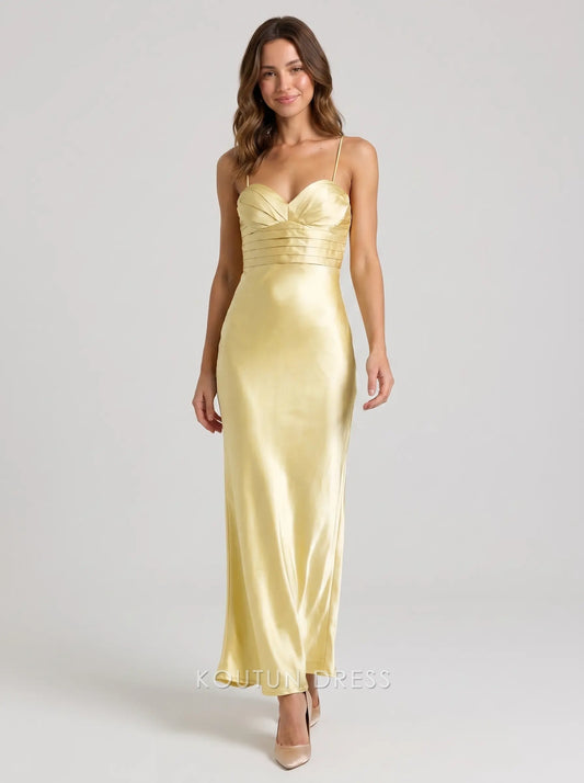 Pale Yellow Spaghetti Strap Sweetheart Pleated Waist Satin Formal Evening Prom Dress