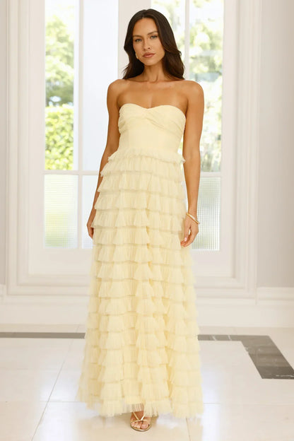 Pale Yellow Strapless Sweetheart Tiered Tulle Ruffle Floor Length Formal Evening Prom Dress
