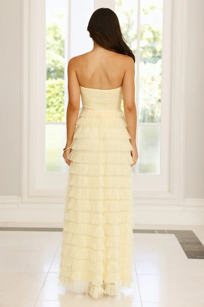 Pale Yellow Strapless Sweetheart Tiered Tulle Ruffle Floor Length Formal Evening Prom Dress