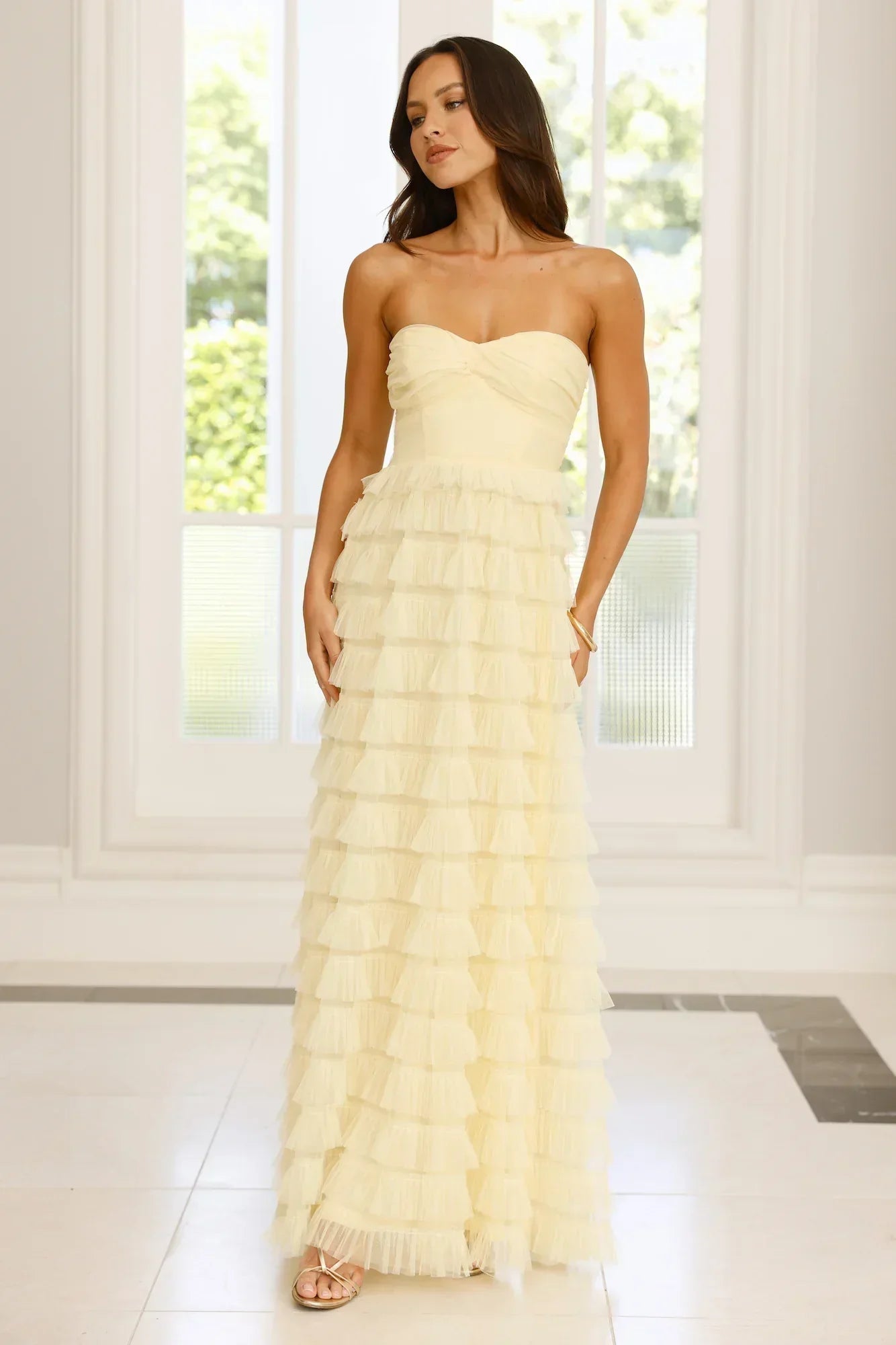 Pale Yellow Strapless Sweetheart Tiered Tulle Ruffle Floor Length Formal Evening Prom Dress