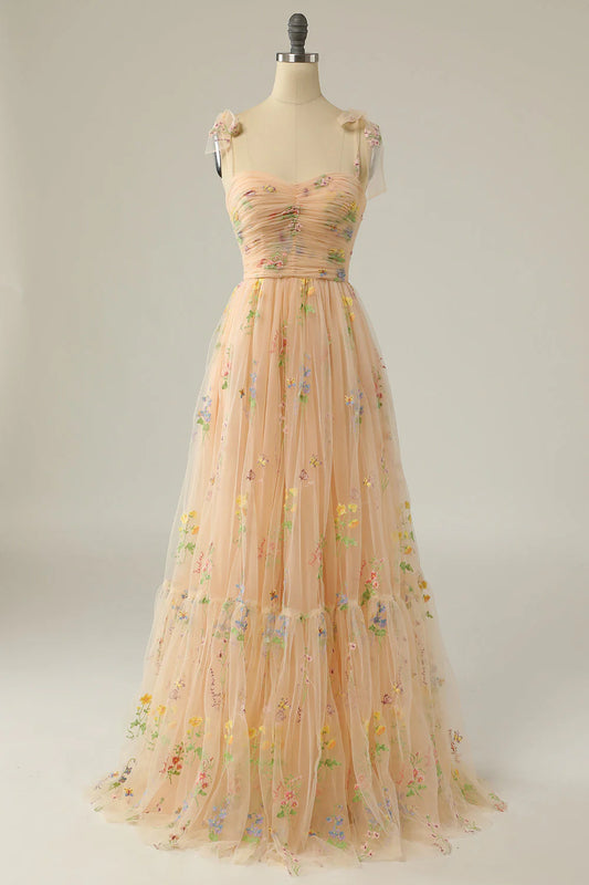 Peach Floral Embroidered Tulle Tie-Strap Sweetheart A-Line Prom Dress
