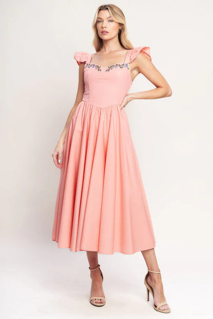 Peach Ruffle Strap Floral Embroidered Midi A Line Formal Evening Prom Dress
