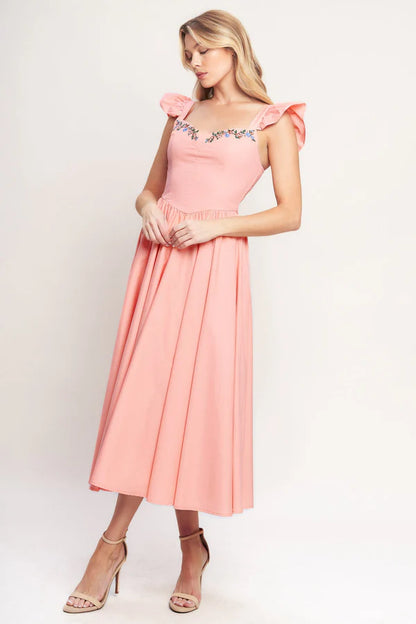 Peach Ruffle Strap Floral Embroidered Midi A Line Formal Evening Prom Dress