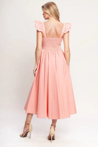 Peach Ruffle Strap Floral Embroidered Midi A Line Formal Evening Prom Dress