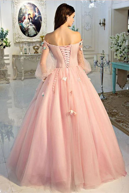 Pearl Pink Long Sleeve Ball Gown Off the Shoulder Tulle Long Floral Fairy Prom Dresses