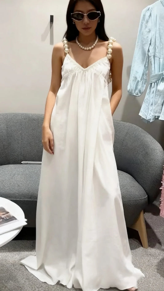 Pearl-Strap Deep-V Back Flowy Maxi Prom Dress