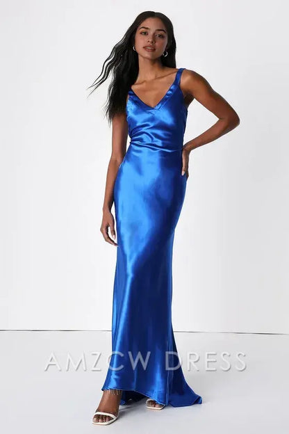 Vestido largo de satén azul real con tirantes, elegante y elegante, de Amzcw, para ocasiones formales. 