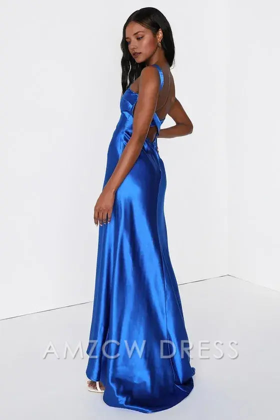 Vestido largo de satén azul real con tirantes, elegante y elegante, de Amzcw, para ocasiones formales. 