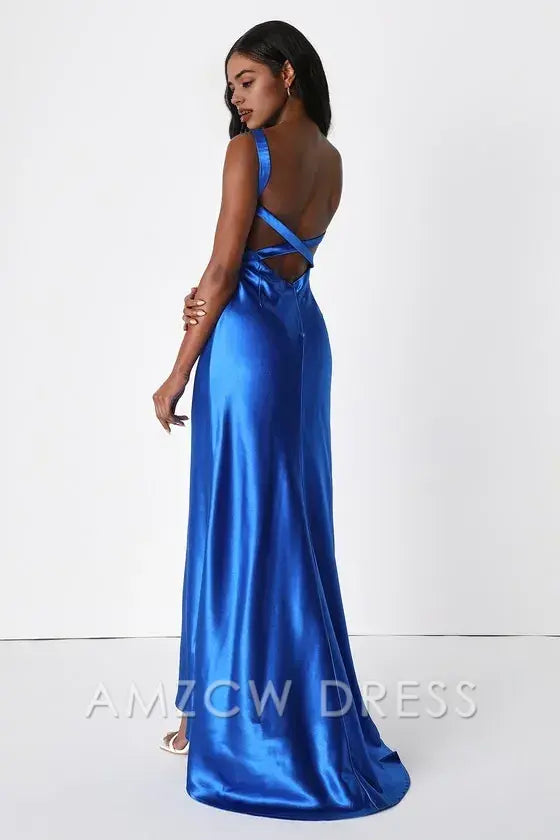 Vestido largo de satén azul real con tirantes, elegante y elegante, de Amzcw, para ocasiones formales. 