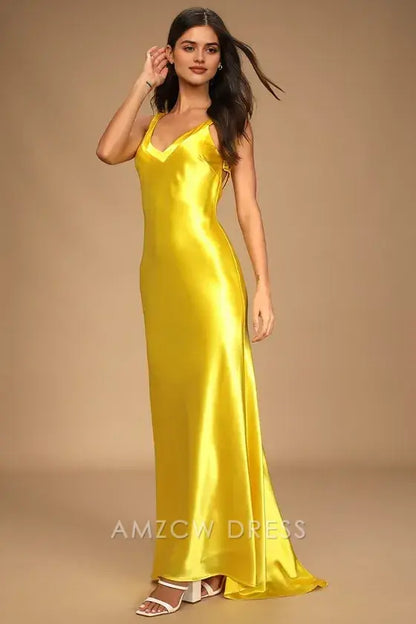 Vestido largo de satén amarillo con tirantes, elegante y elegante, de Amzcw, para ocasiones formales. 