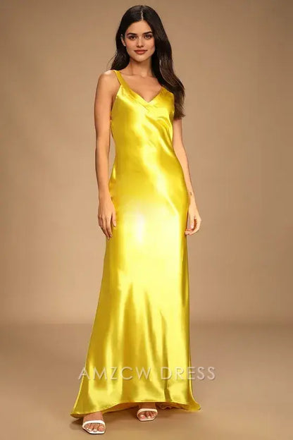 Vestido largo de satén amarillo con tirantes, elegante y elegante, de Amzcw, para ocasiones formales. 