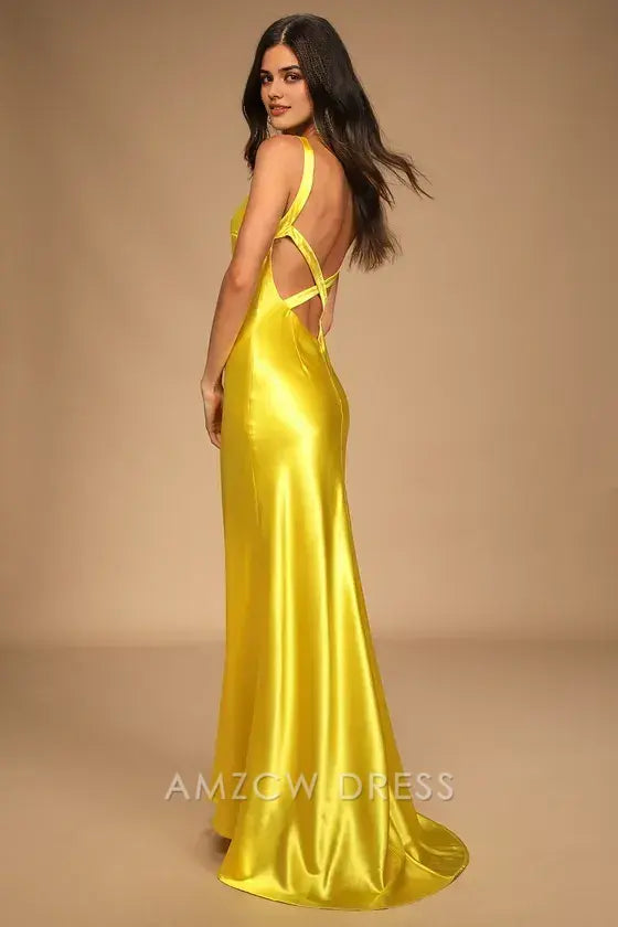 Vestido largo de satén amarillo con tirantes, elegante y elegante, de Amzcw, para ocasiones formales. 