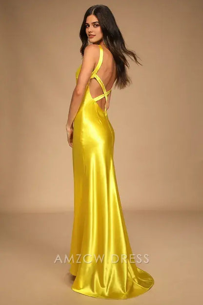 Vestido largo de satén amarillo con tirantes, elegante y elegante, de Amzcw, para ocasiones formales. 