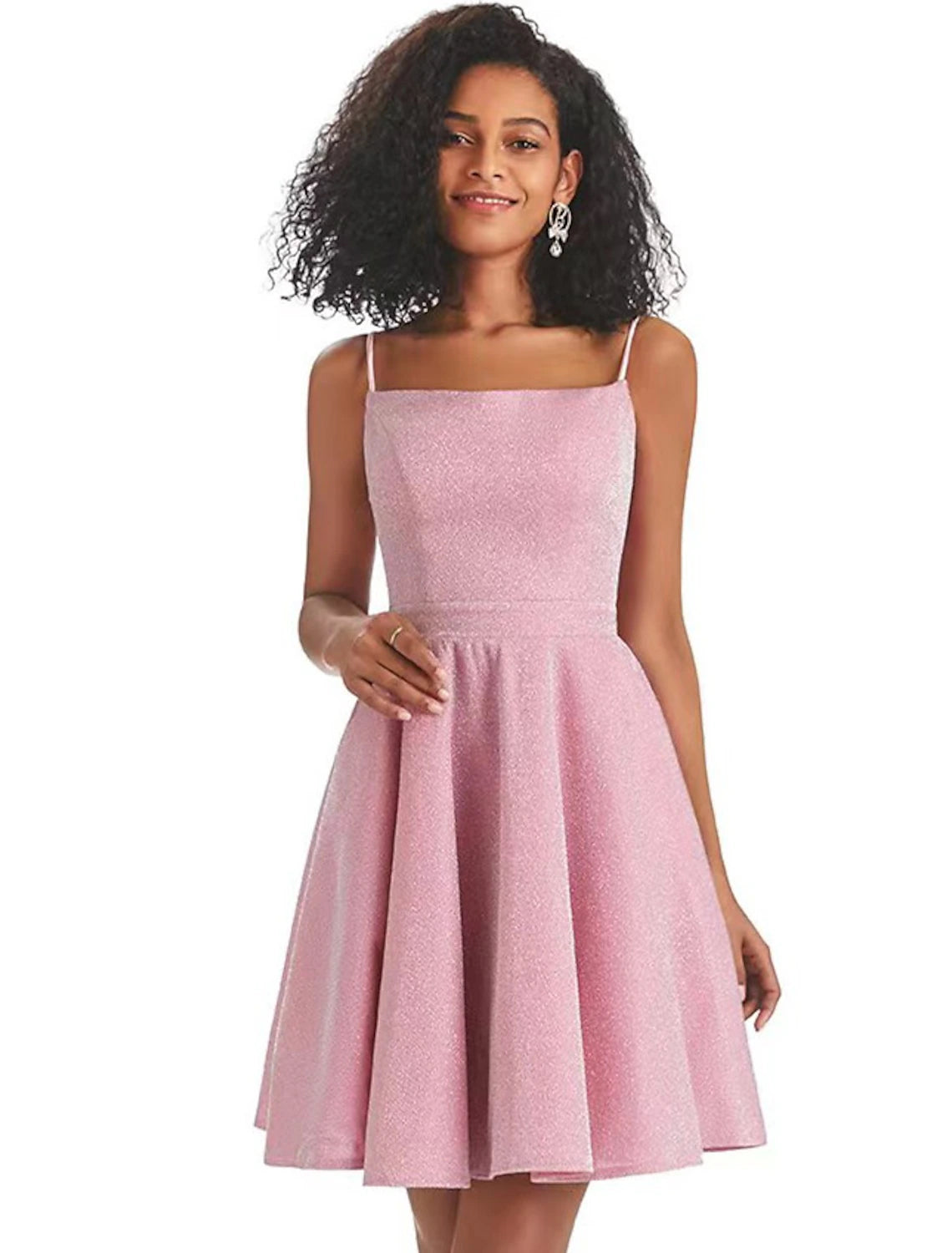 Back view of a pink A-line homecoming dress with spaghetti straps and sequin details.