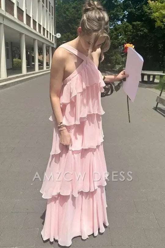 Vestido de fiesta formal largo sin mangas con capas de gasa rosa de Amzcw