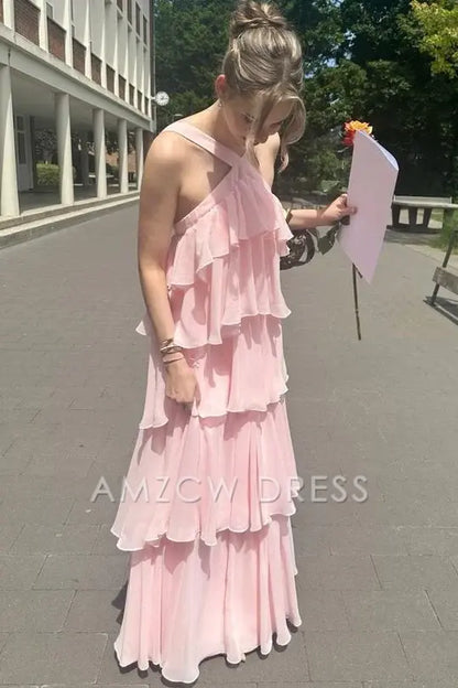 Vestido de fiesta formal largo sin mangas con capas de gasa rosa de Amzcw