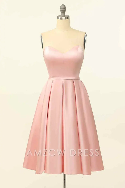 Amzcw Elegant Pink A-line Strapless Satin Lace-Up Back Mini Homecoming Dress formal wear dresses