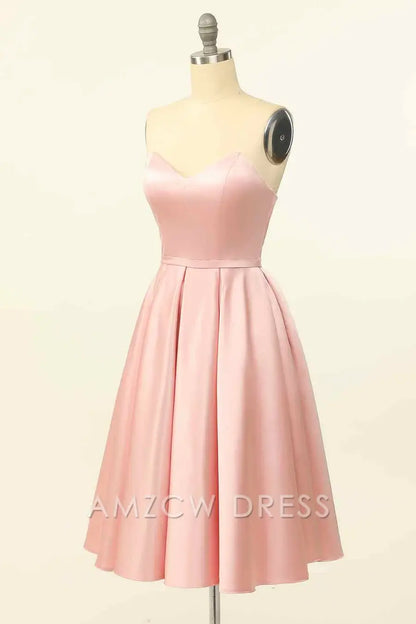 Amzcw Elegant Pink A-line Strapless Satin Lace-Up Back Mini Homecoming Dress formal wear dresses