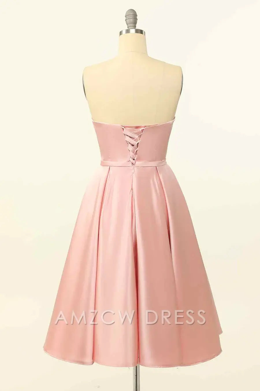 Amzcw Elegant Pink A-line Strapless Satin Lace-Up Back Mini Homecoming Dress formal wear dresses