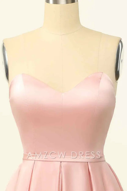 Amzcw Elegant Pink A-line Strapless Satin Lace-Up Back Mini Homecoming Dress formal wear dresses