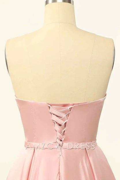 Amzcw Elegant Pink A-line Strapless Satin Lace-Up Back Mini Homecoming Dress formal wear dresses