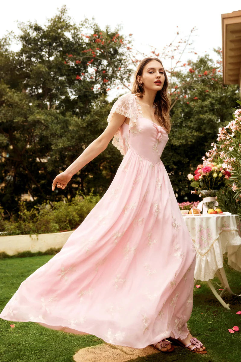 Pink Chiffon Maxi Dresses with Square Neck Off Shoulder Two Way Wear Floral Embroidery Lace Trim Puff Sleeves Velvet Bow and Flared Maxi Skirt