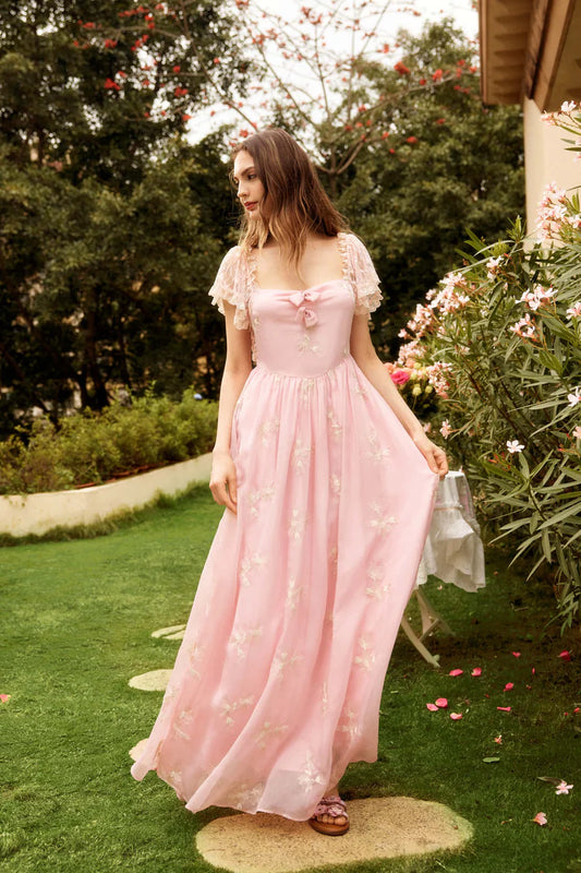 Pink Chiffon Maxi Dresses with Square Neck Off Shoulder Two Way Wear Floral Embroidery Lace Trim Puff Sleeves Velvet Bow and Flared Maxi Skirt