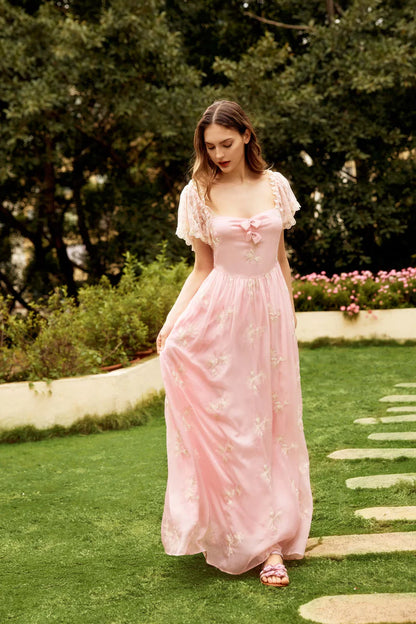 Pink Chiffon Maxi Dresses with Square Neck Off Shoulder Two Way Wear Floral Embroidery Lace Trim Puff Sleeves Velvet Bow and Flared Maxi Skirt